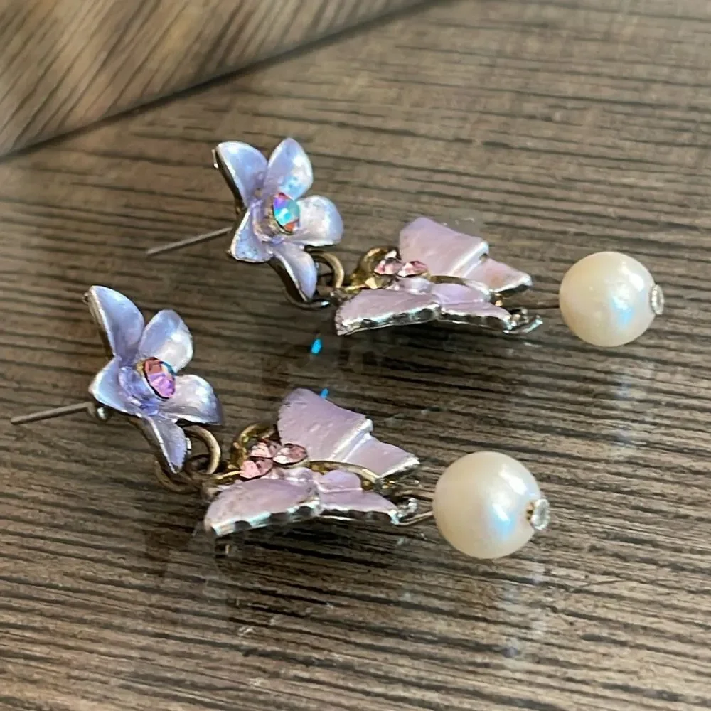 Vintage Pastel Floral and Butterfly Earrings, Dangle